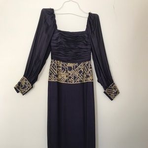 Navy Blue and Gold Embroidered Evening Gown